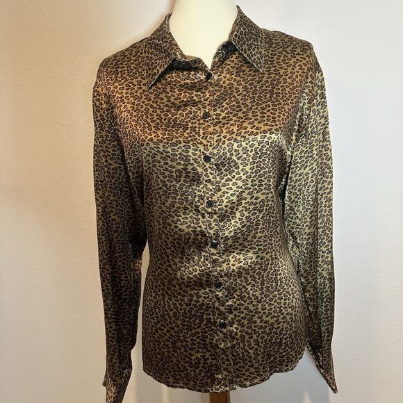Vintage Womens Silk Leopard Print Button Blouse Top Large Career Mobwife Siren - Picture 4 of 14